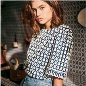 Sezane Navy and White Daisy Crochet Short Sleeve Top